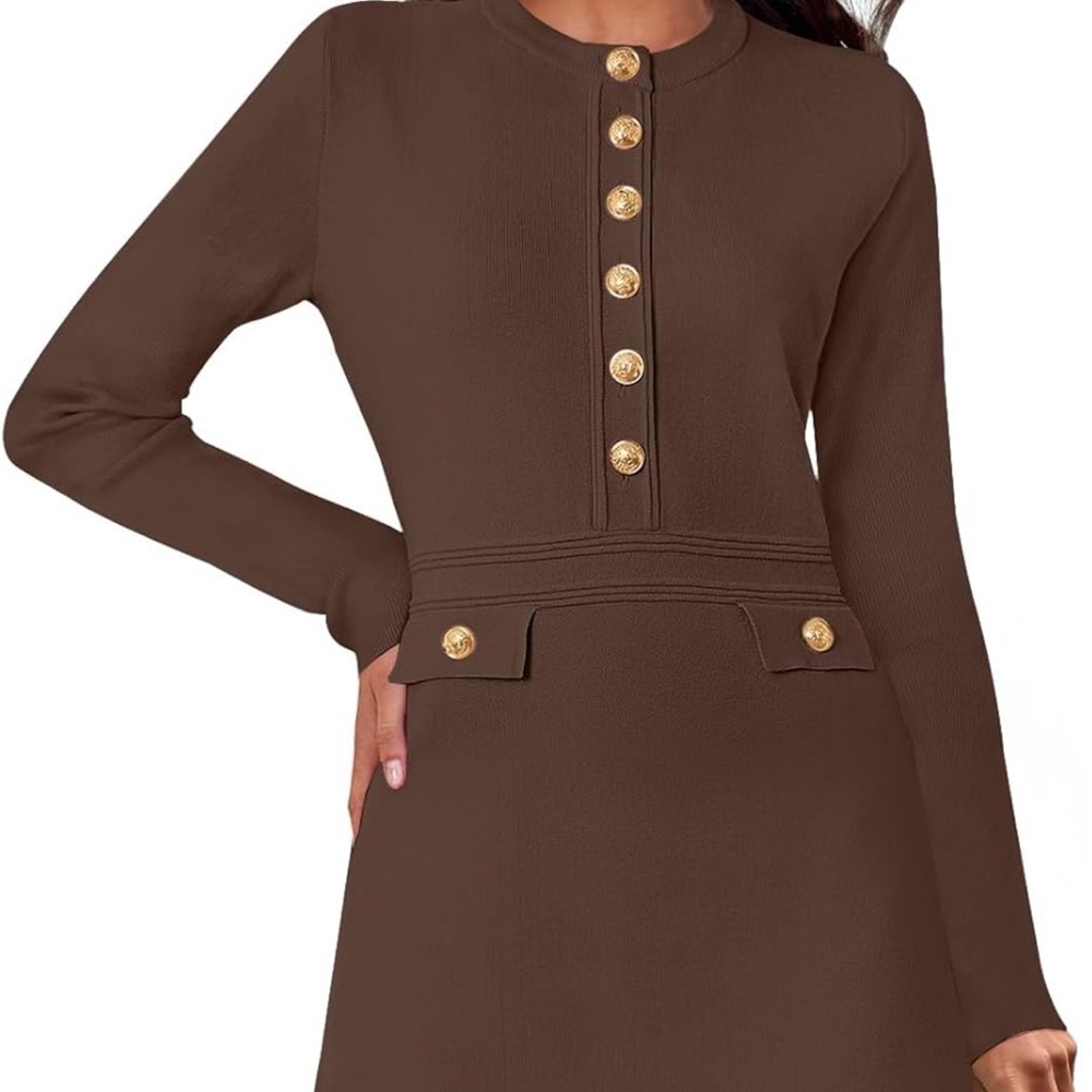 Chic Long Sleeve Brown Dress with Gold Accents